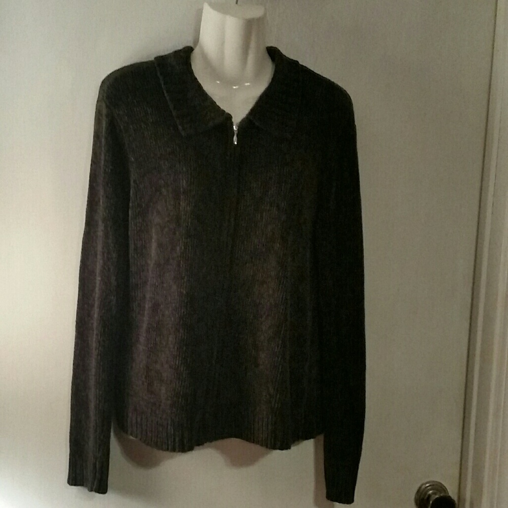 Laura Scott Deep Seaweed Green Zipper Sweater L